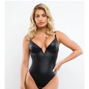 Black Leather Thong Bodysuit